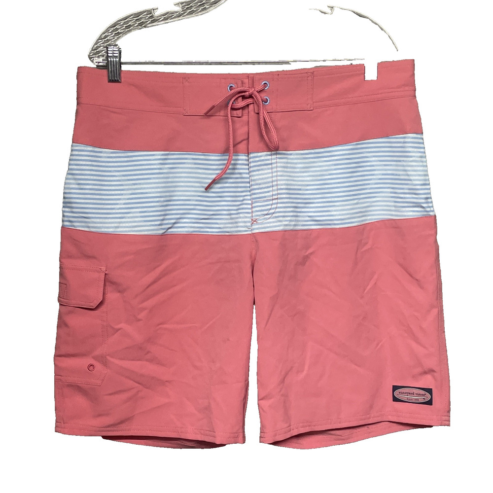 Vineyard Vines Swim Trunks Mens 34 Coral Pink & Blue Striped Board Shorts Preppy